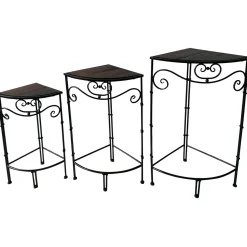 Discount Fan Shaped Wood Top Plant Stand With Bronze Double Tube Metal Leg, Large Opening Sales Plant Stands