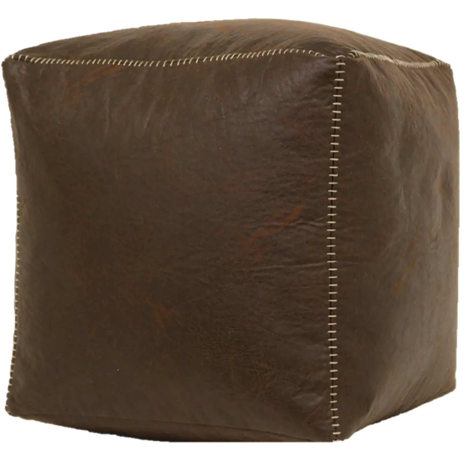 Outlet Honeybloom Faux Leather Brown Pouf With Baseball Stitch Opening Sales Ottomans & Poufs