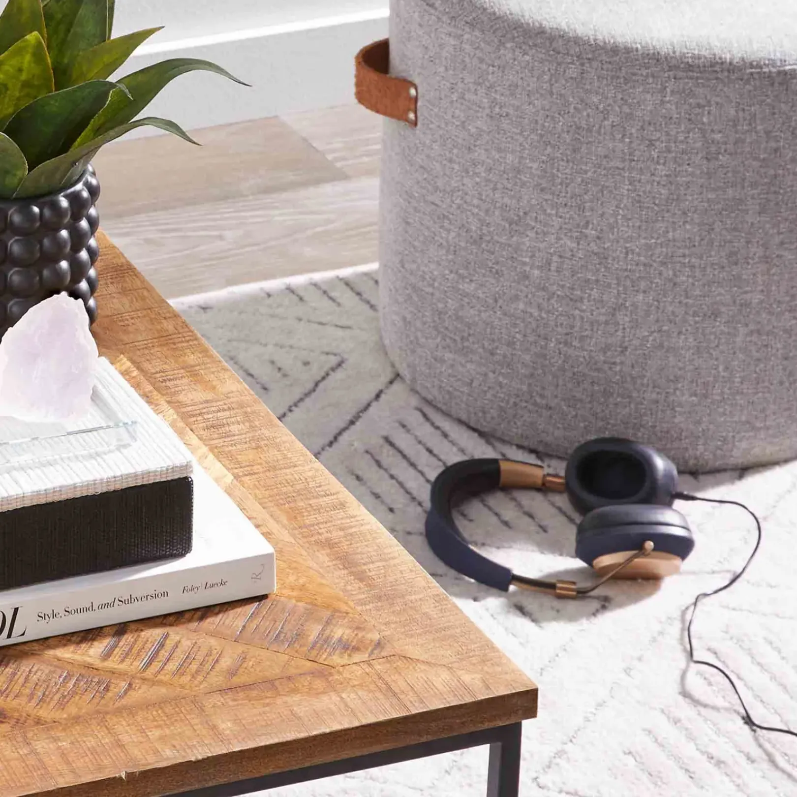 Online Honeybloom Rica Textured Pouf With Faux Leather Handles, Grey Less Expensive Ottomans & Poufs
