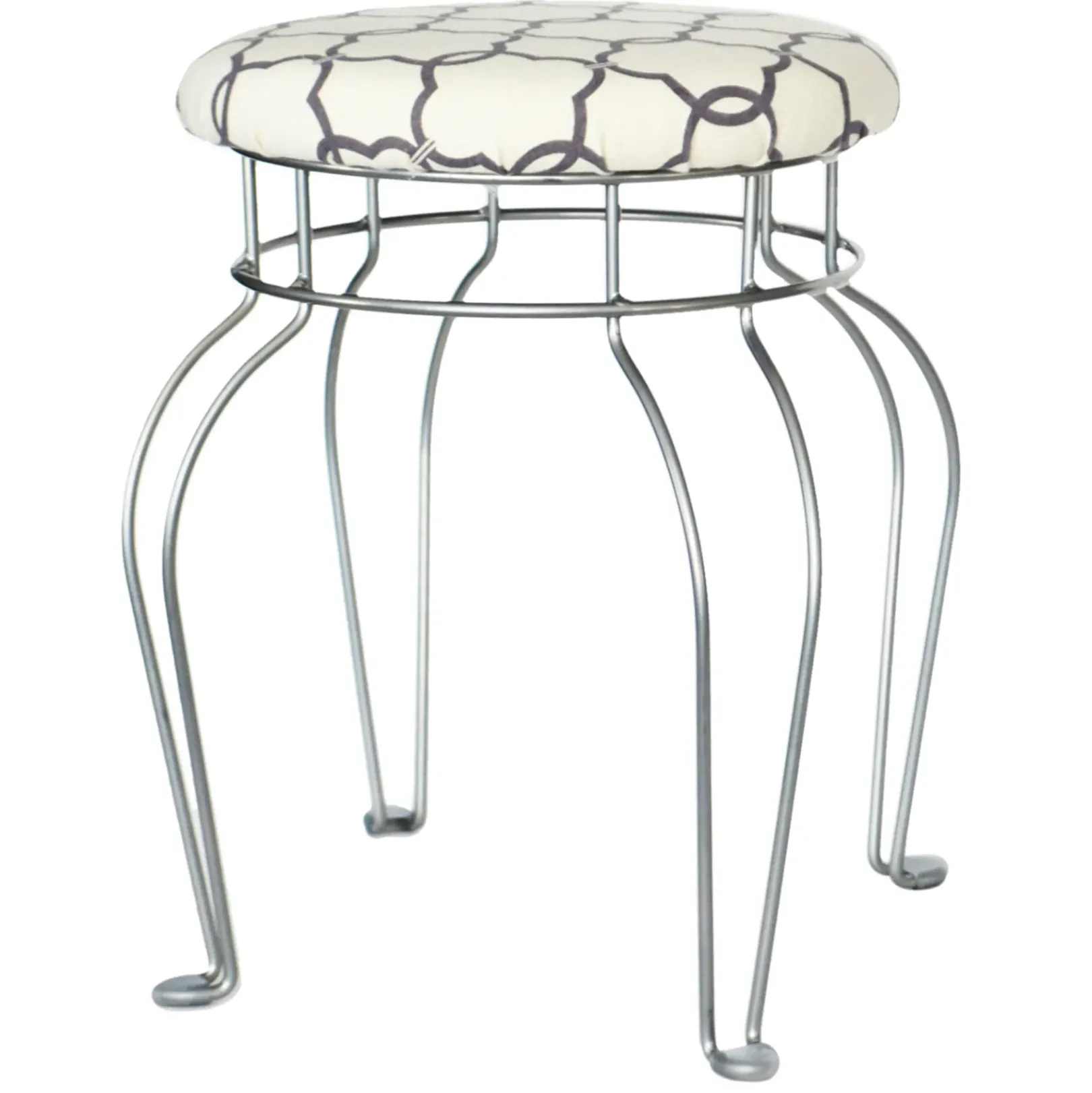 Clearance Quatrefoil Silver Wire Vanity Stool/Ivory Printed Fabric Seat Opening Sales Stools & Benches