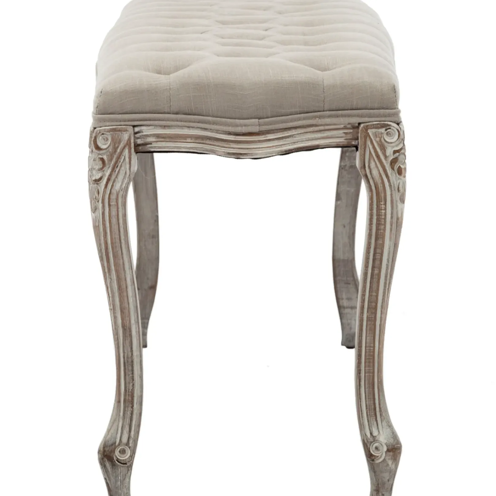 Best Simone Grey Linen Tufted Bench With Carved Reclaimed Wood Legs Outlet Benches
