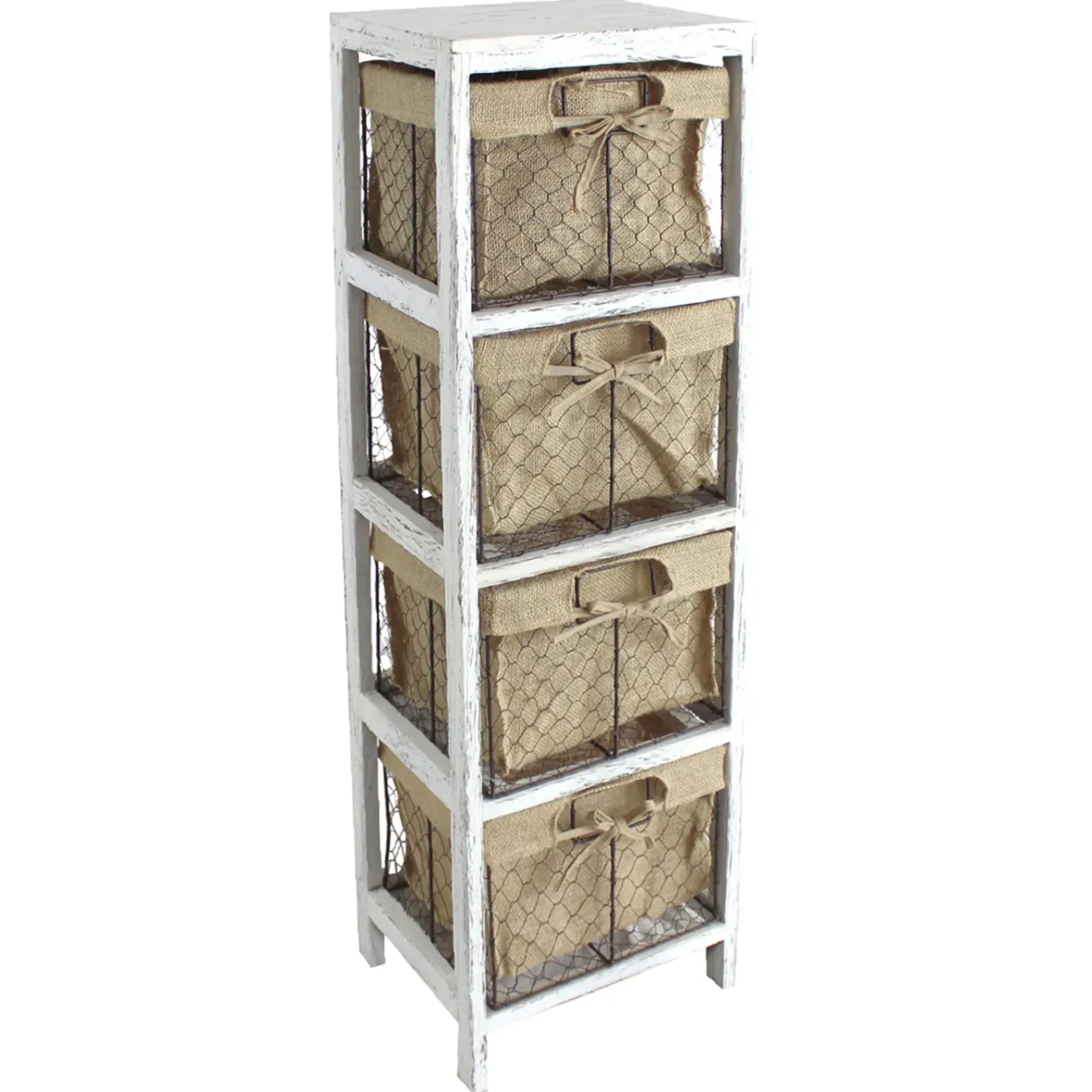 Hot 4-Tier White Wooden Shelf With Wire Baskets Exquisite Gifts Cabinets & Chests